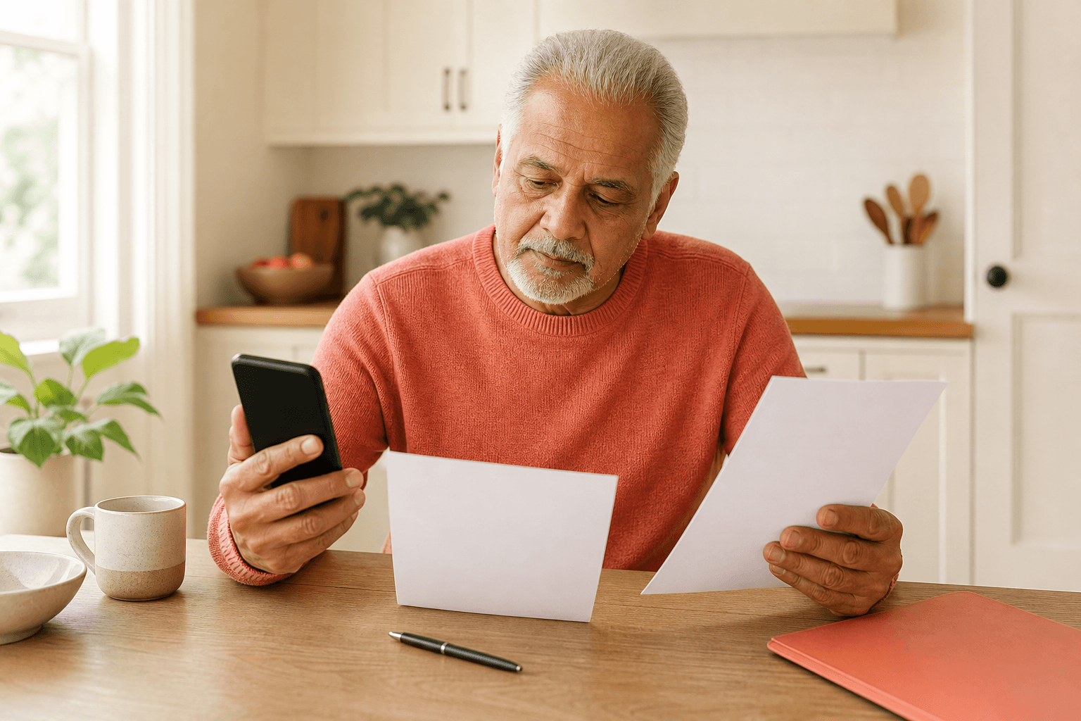 Illustration of an adult comparing a phone and paper sheets at a kitchen table.