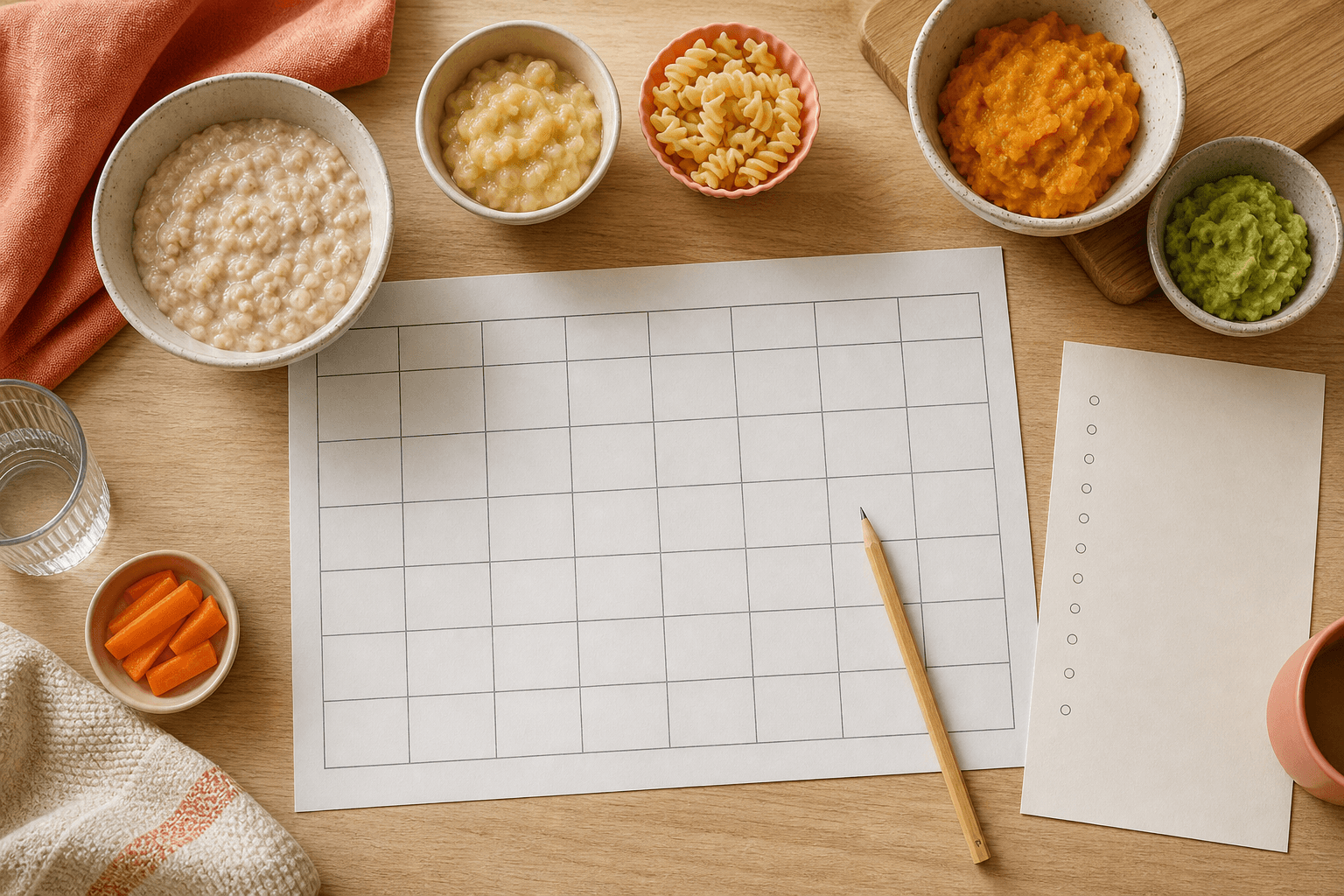Illustration of a blank weekly planning grid beside bowls of familiar foods and a shopping sheet.