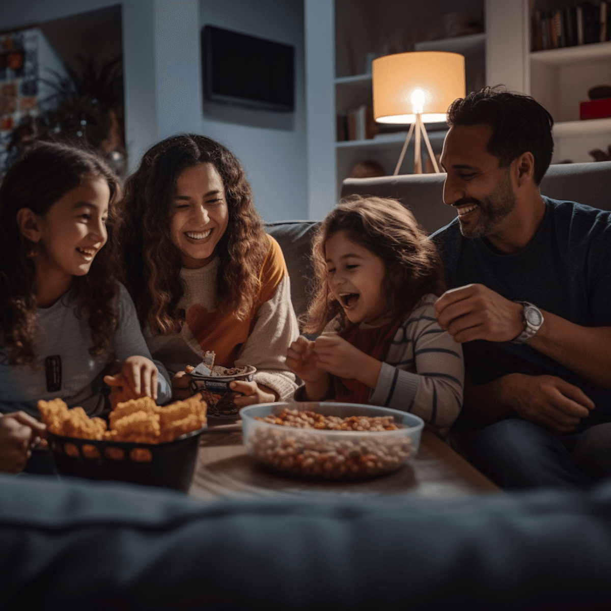 Two adults and two children laughing together on a sofa at home