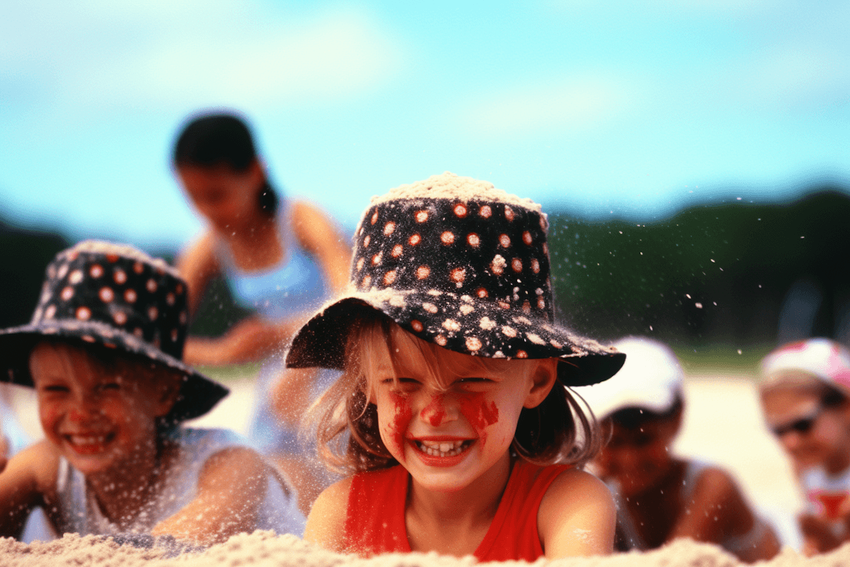 Children in sun hats smiling as they play in the sand