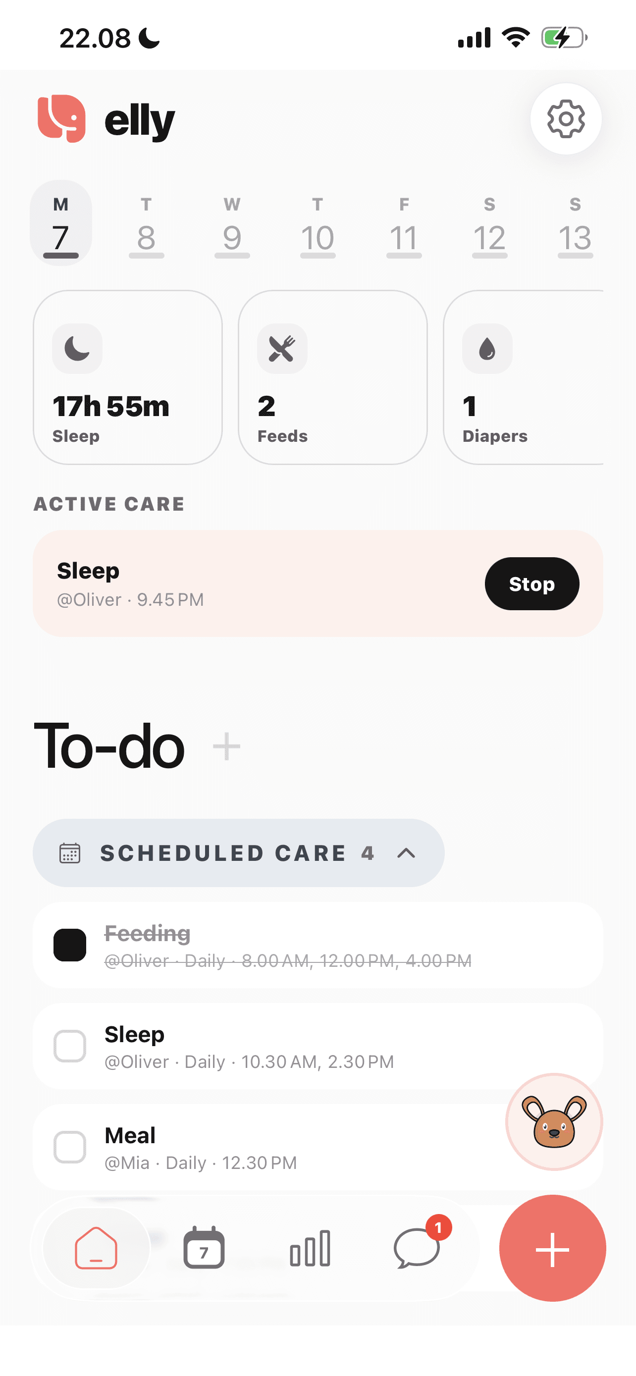 Elly daily care overview showing sleep, feeds, diapers, and scheduled care