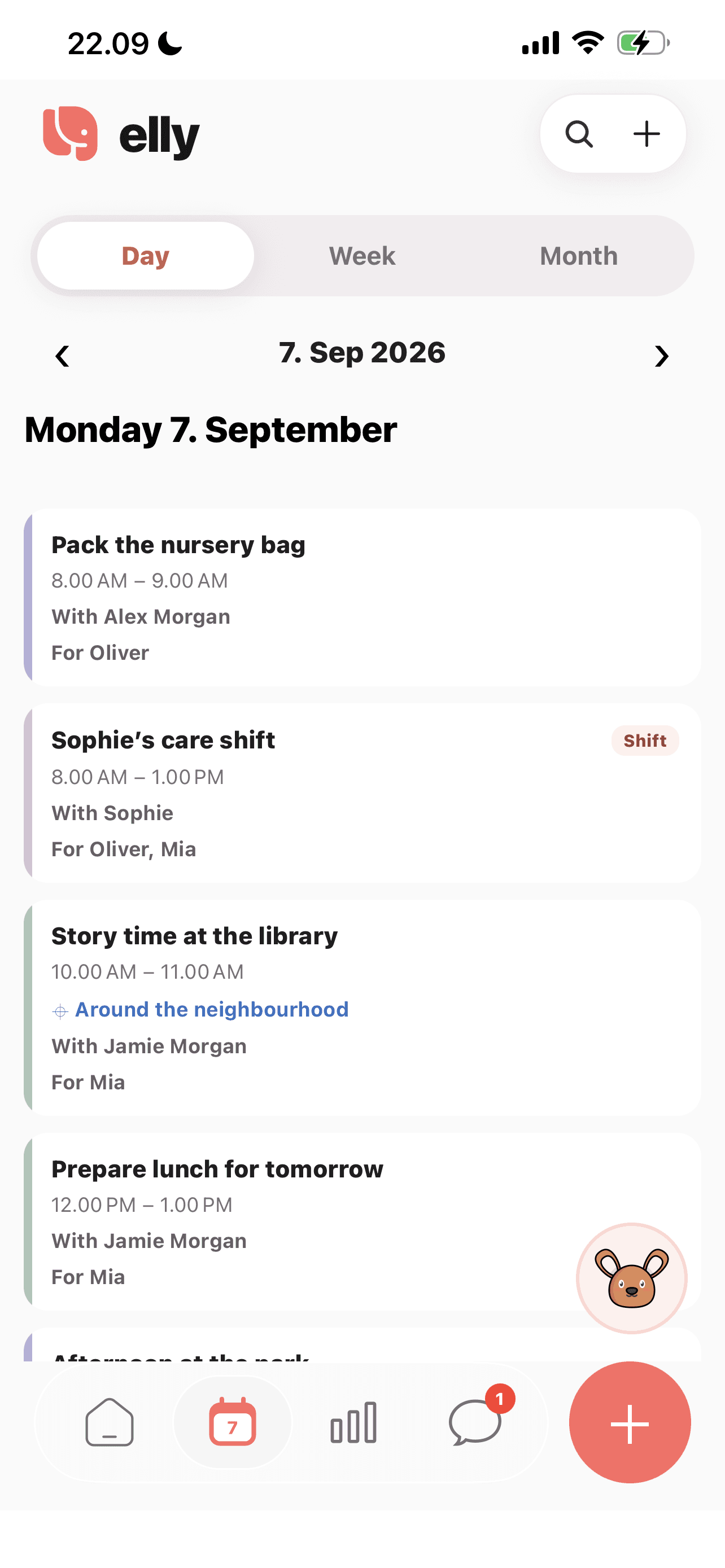 Elly daily calendar with nanny shifts, tasks, and activities