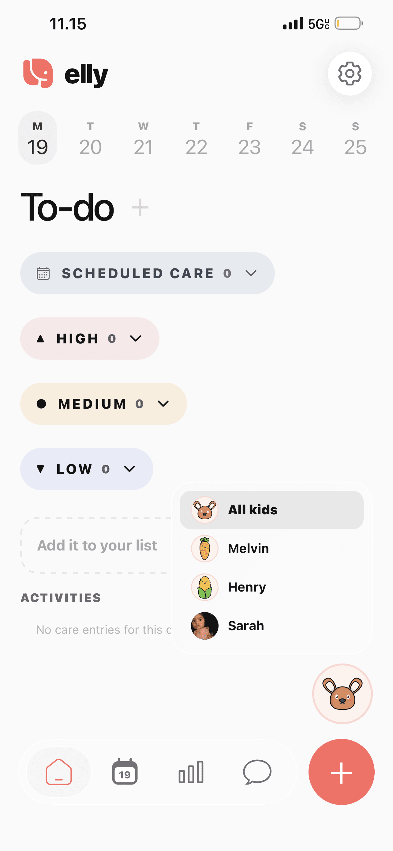 Elly home screen with the child selector open, showing All kids and three child profiles