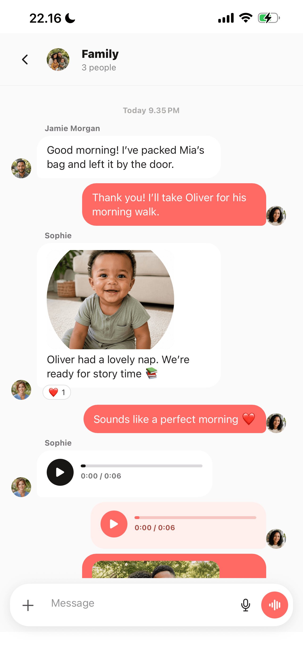 Elly family conversation with parent and nanny updates, photos, and voice notes