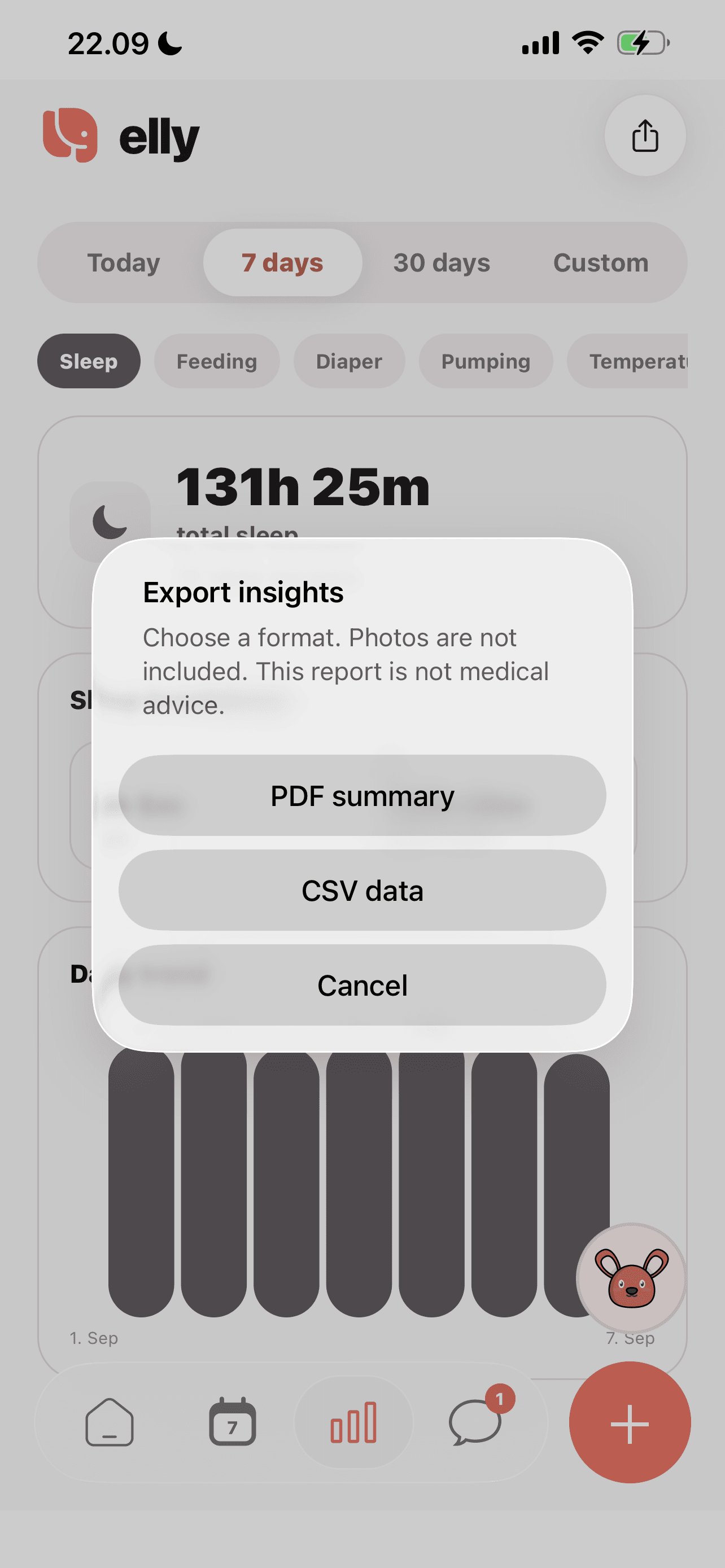 Elly export menu offering PDF summary and CSV data with a notice that photos are not included