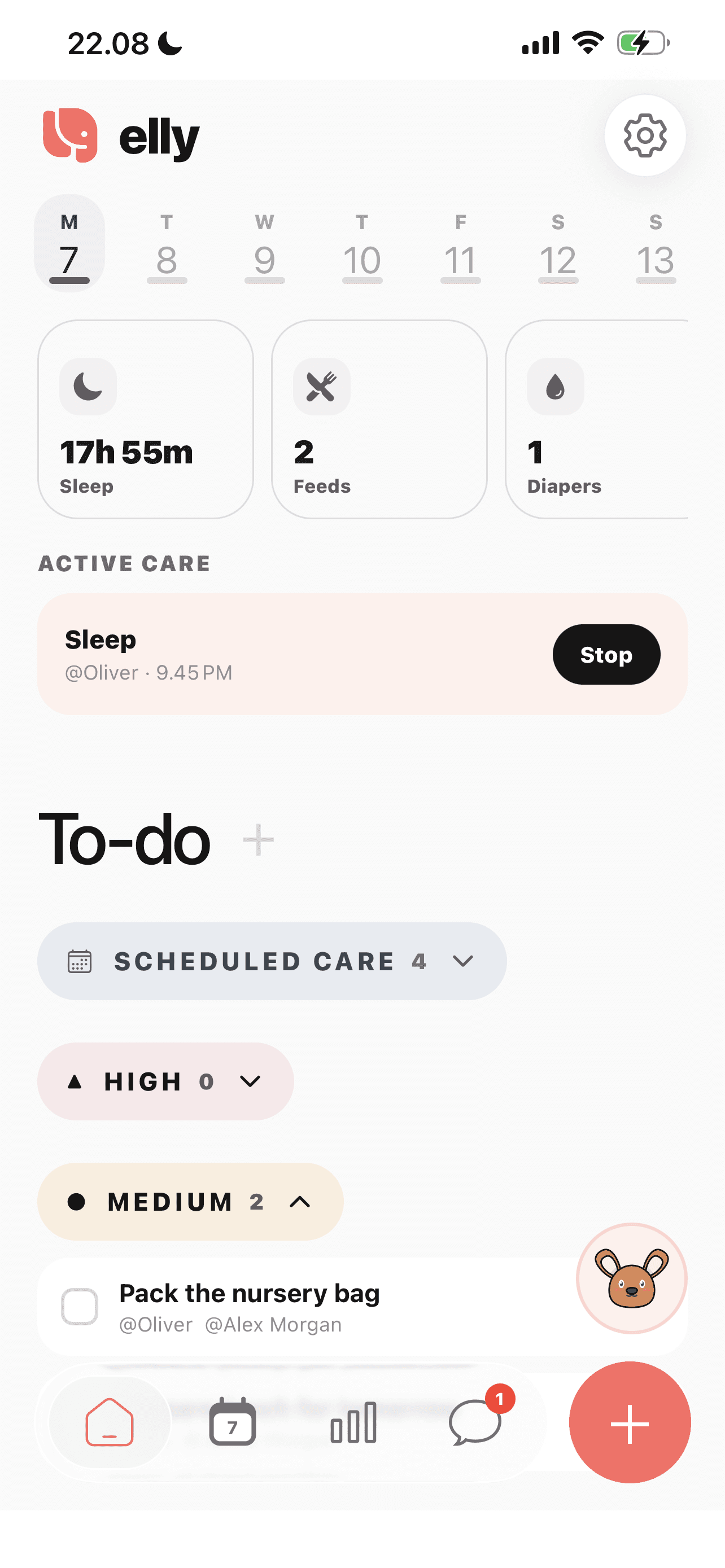Elly home screen with priority-based caregiver to-do lists