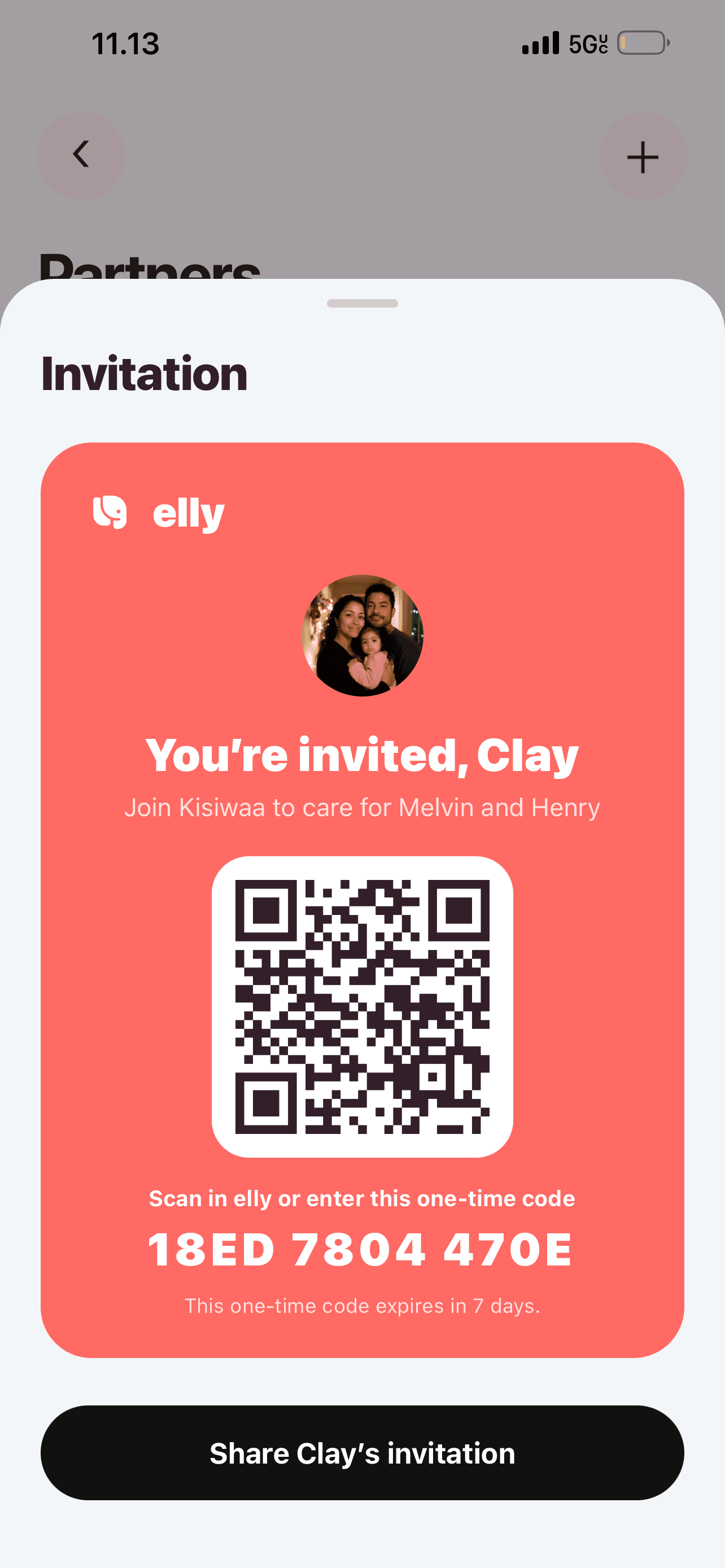 Example Elly family invitation card with a QR code and one-time invitation code