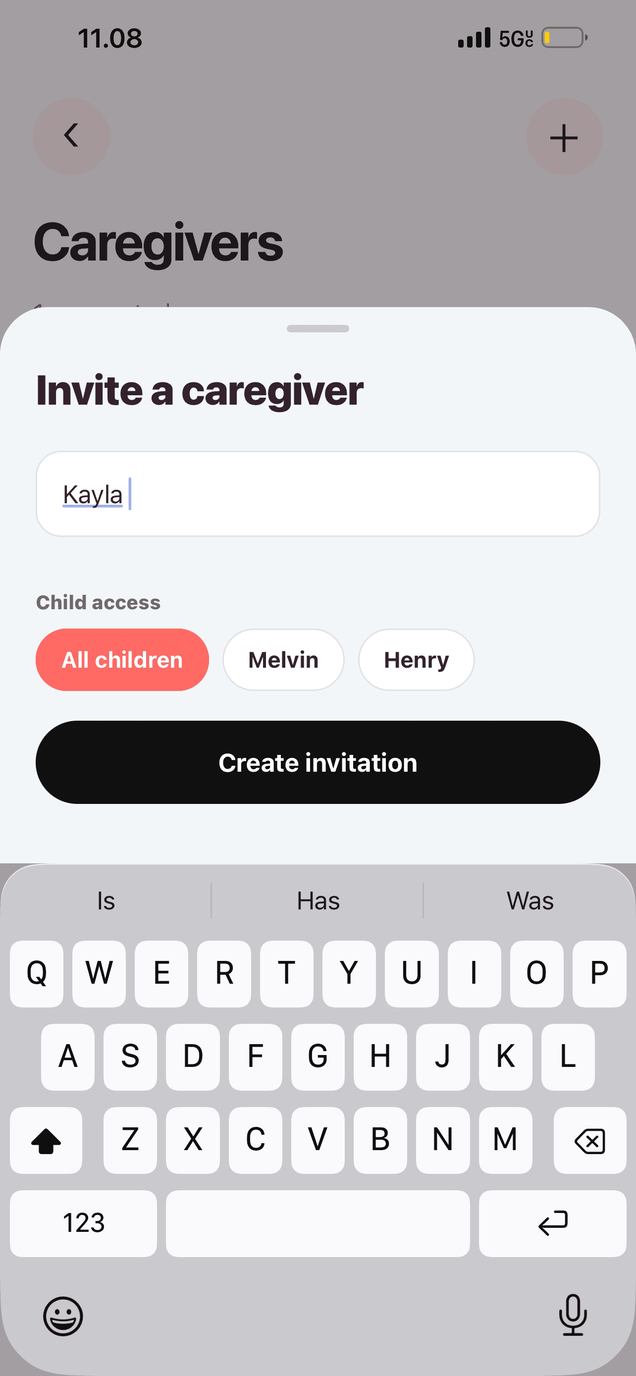 Elly Invite a caregiver form with a name field and all-child or individual-child access choices