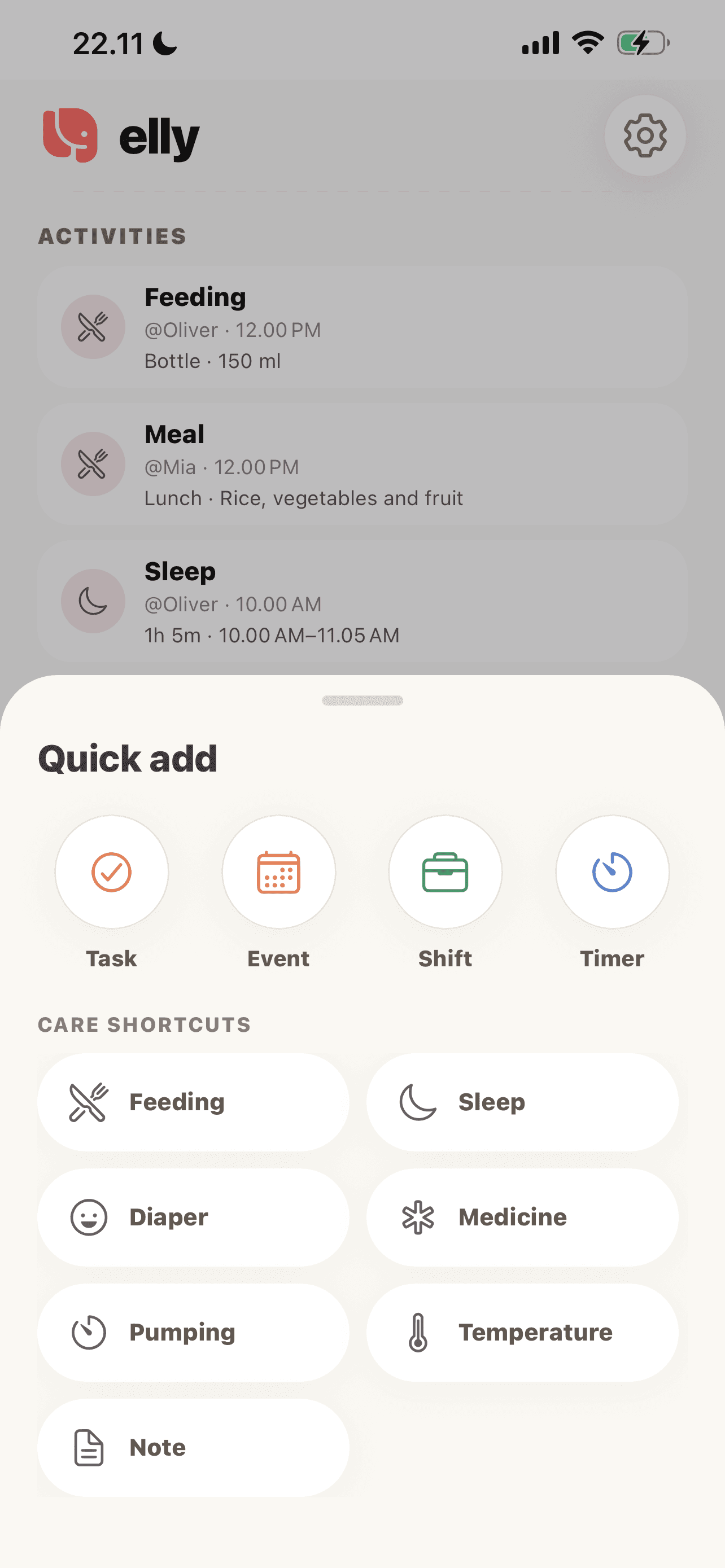 Elly quick-add menu with tasks, events, shifts, timers, and shortcuts for recording daily care
