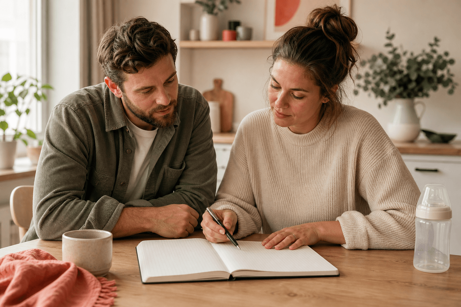 Illustration of two adults reviewing a blank notebook beside a capped baby bottle.